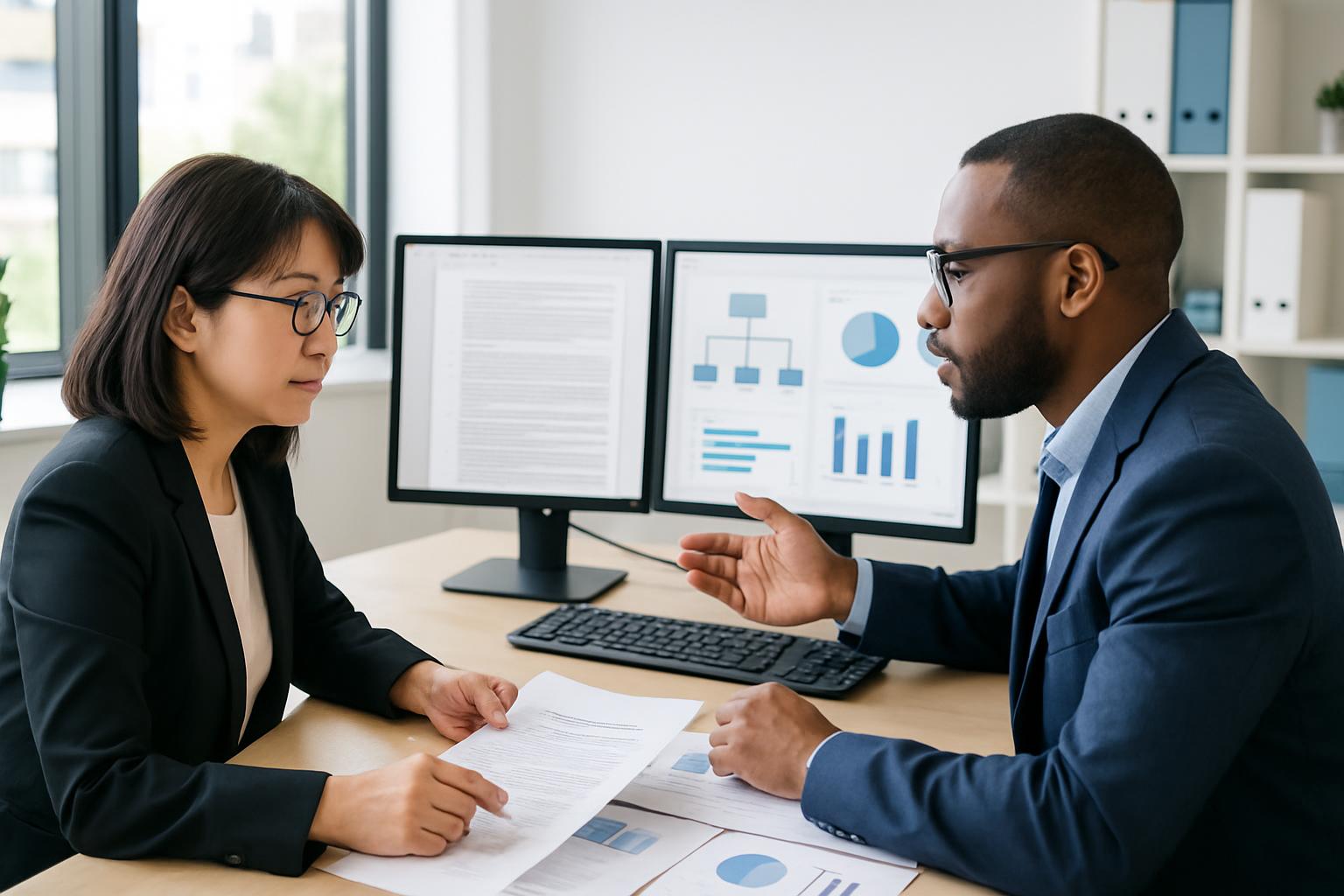 行政書士と登録支援機関担当者がシステム画面を一緒に確認している場面