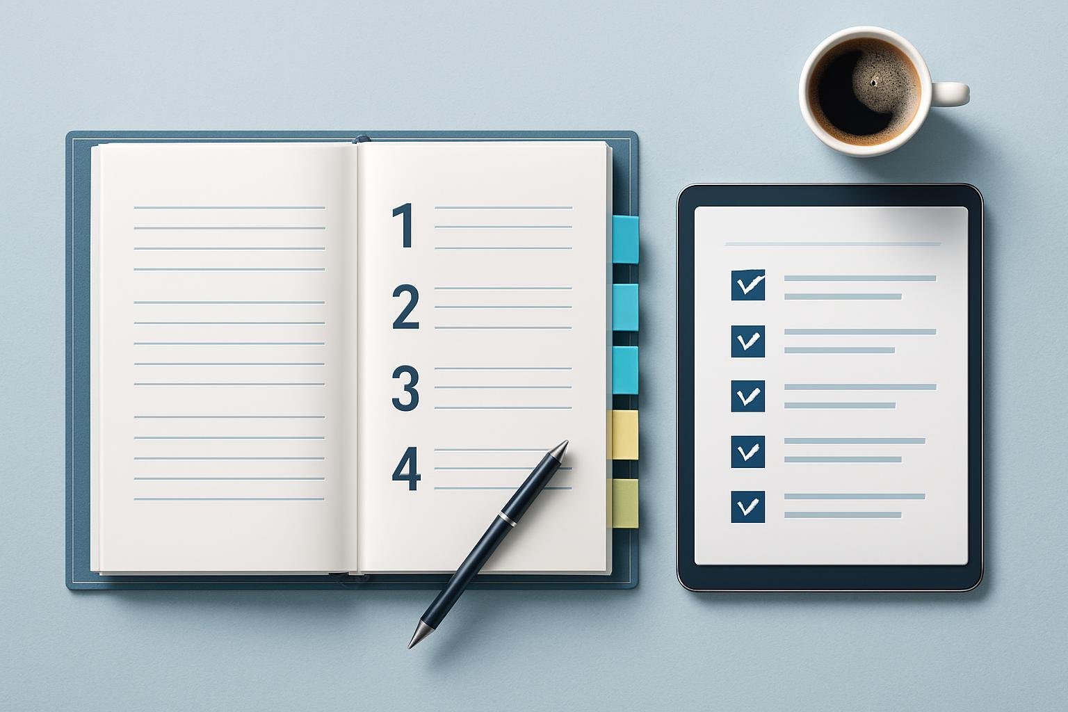 FAQ参照バインダーとチェックリスト表示のタブレットが並んだデスクフラットレイ