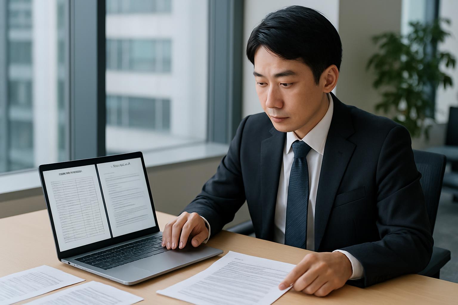 企業HR担当者が外国人社員の学歴書類と業務内容をPCで確認している場面