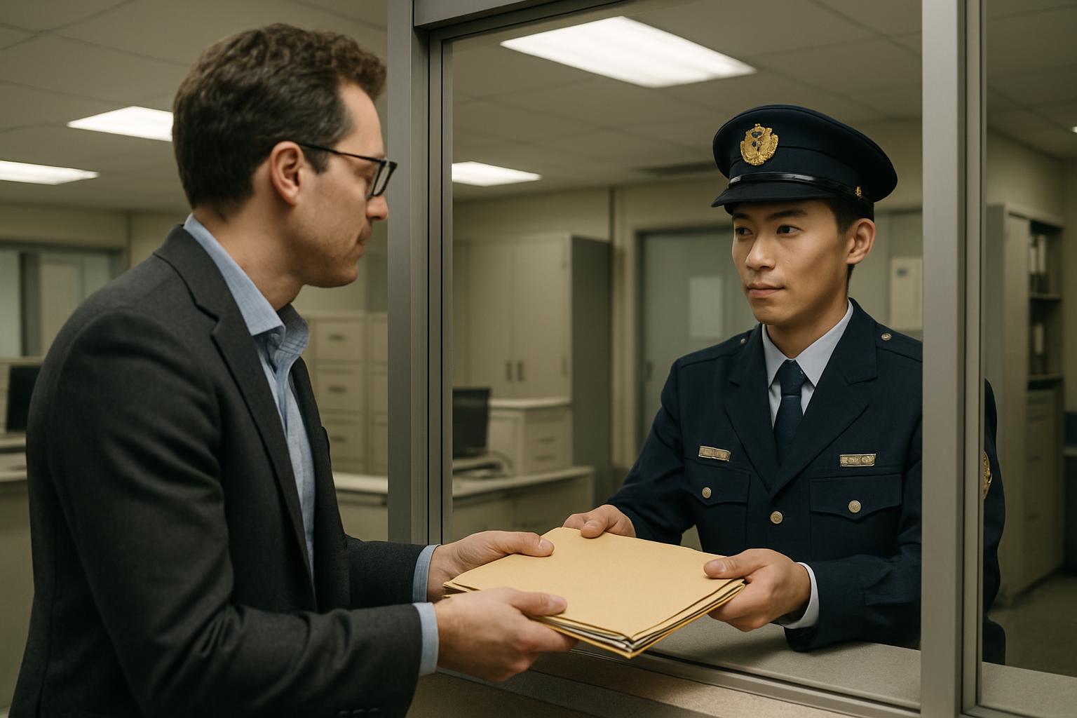 入国管理局の窓口で書類を提出する外国人起業家と担当官のシーン