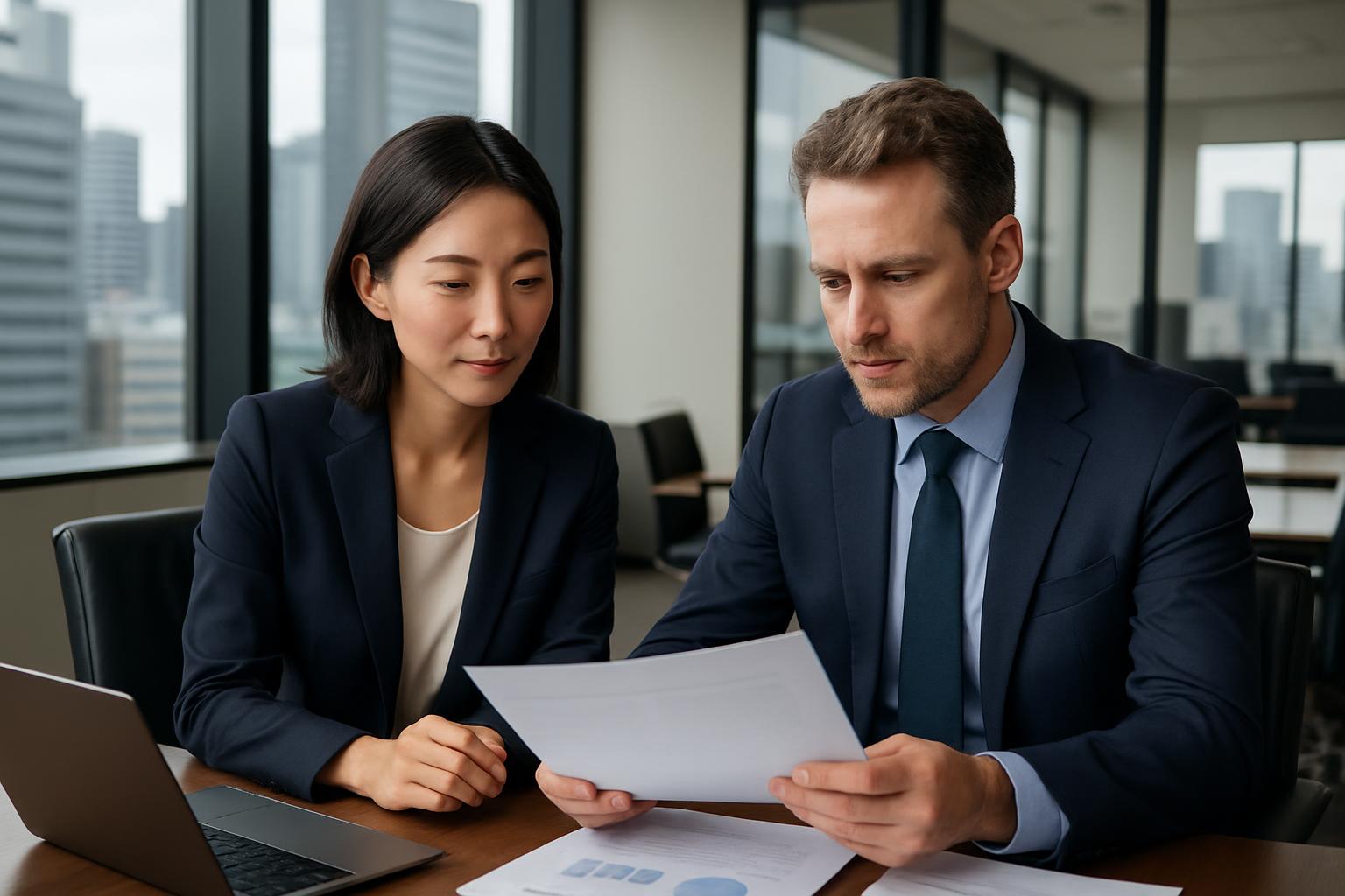 日本企業の人事担当者が外国人社員と在留資格の書類を確認している場面