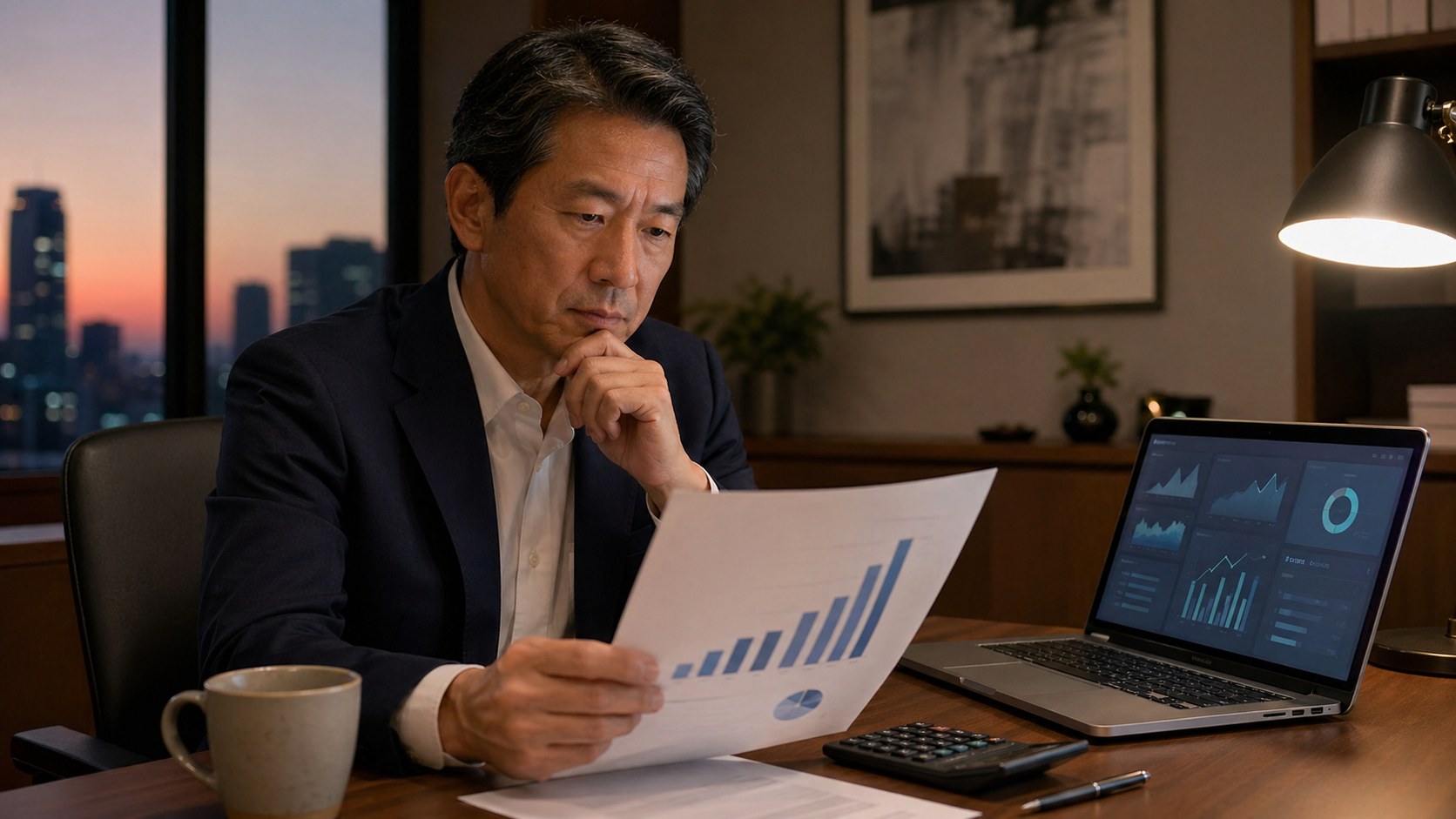 財務グラフを確認しながらDX投資を検討する登録支援機関の経営者