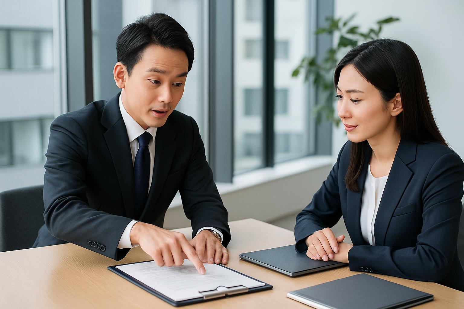 行政書士が企業HR担当者に在留資格の選択肢を説明している相談シーン