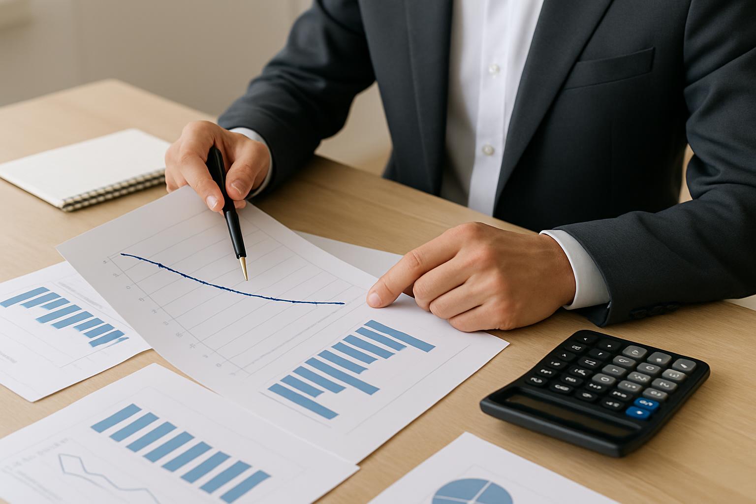 コスト削減効果を示したグラフを確認するビジネスパーソンの場面