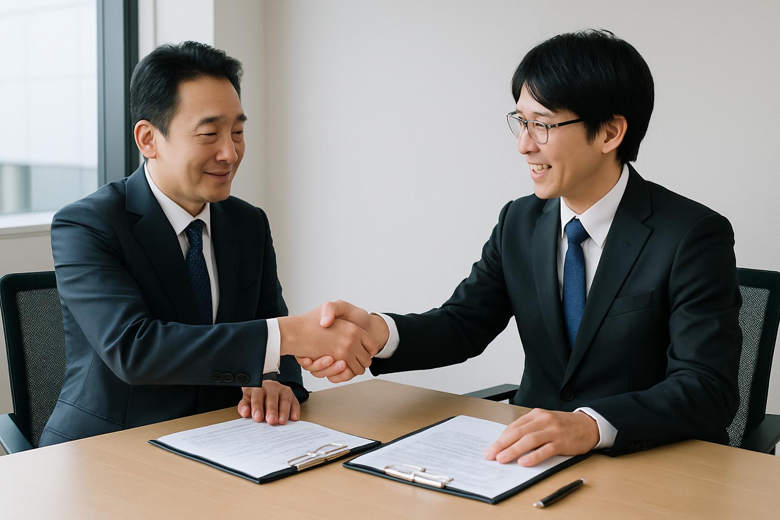 会議室で顧問契約について話し合う企業経営者と行政書士