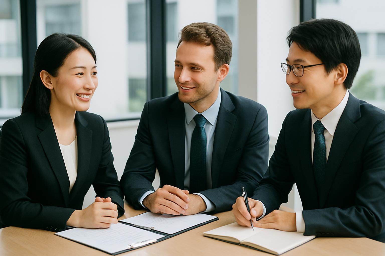 行政書士が企業担当者と外国人専門職に審査基準を説明している場面