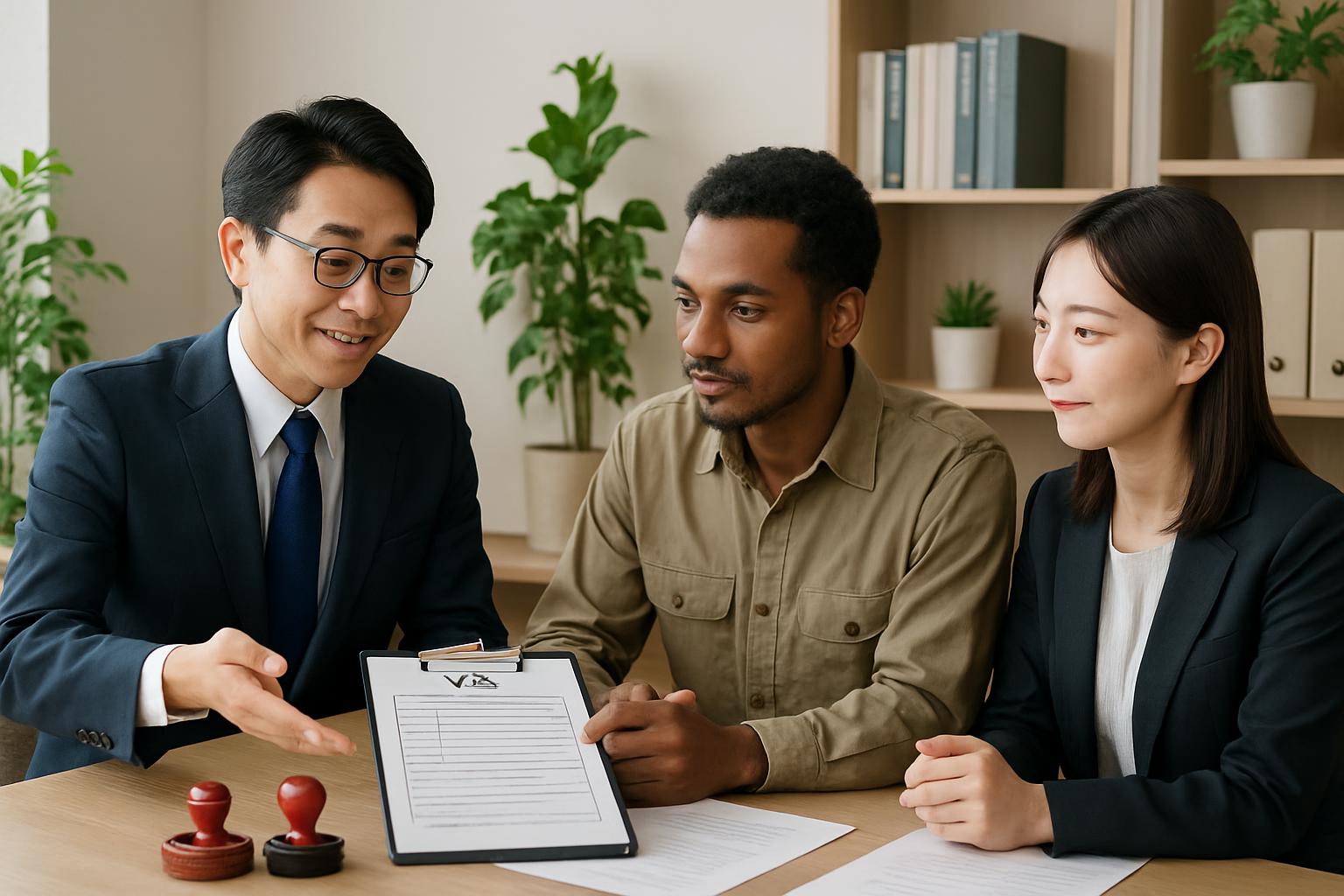 行政書士が企業と外国人に在留資格申請のアドバイスをしている場面
