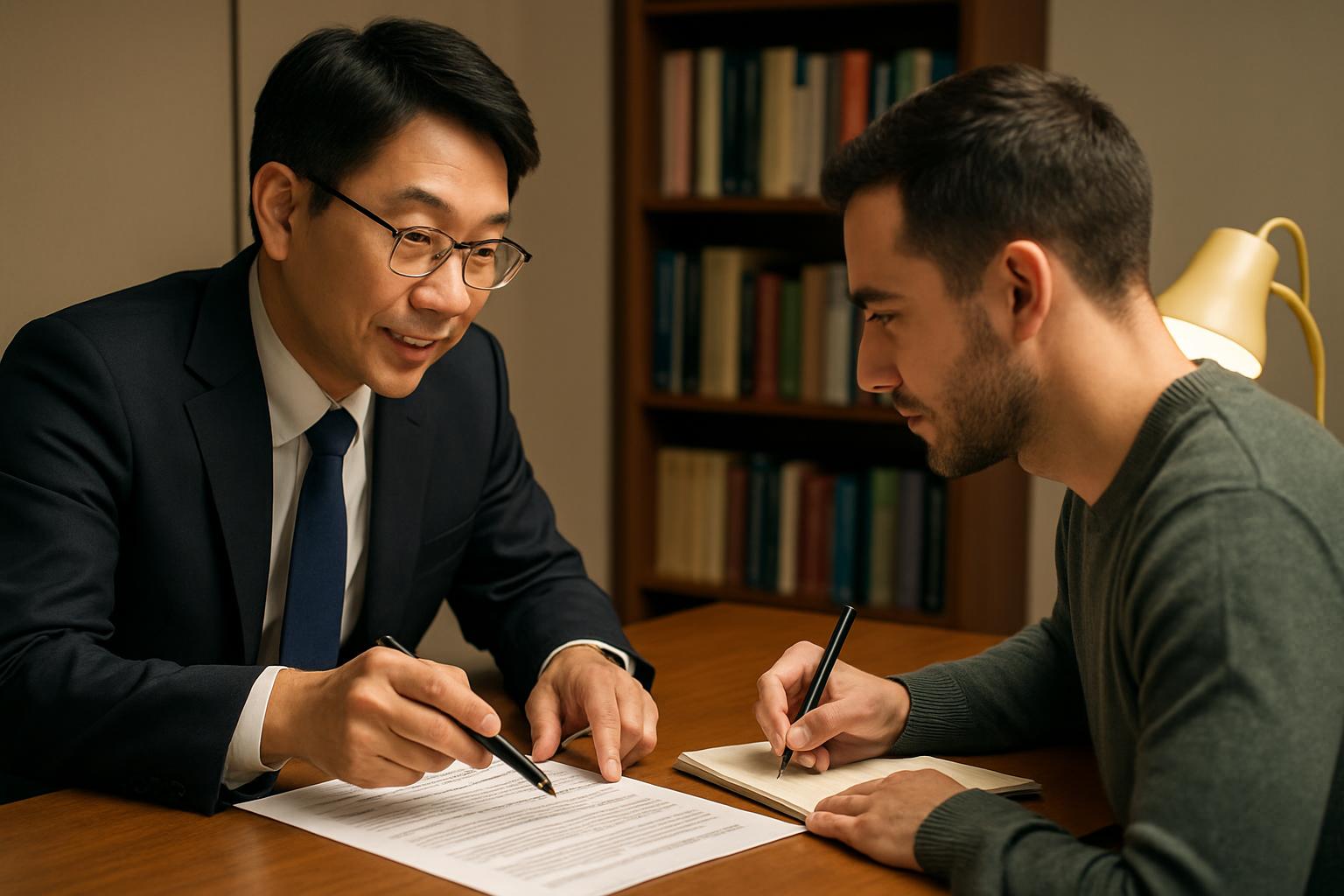 行政書士が外国人クライアントに書類を指し示しながら在留資格の説明をしているアドバイスシーン