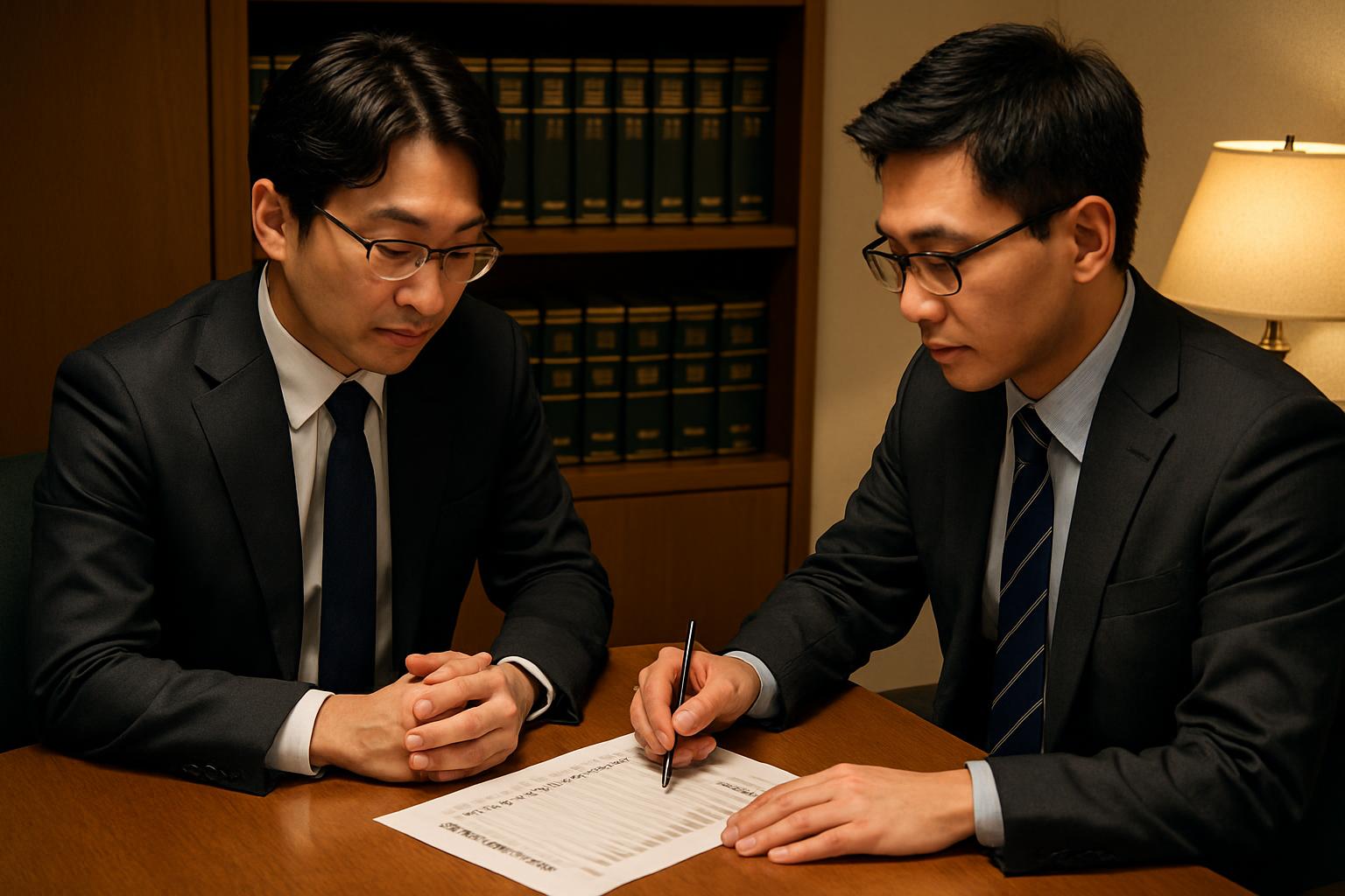 行政書士が企業の人事担当者とコンプライアンスチェックリストを確認している相談シーン