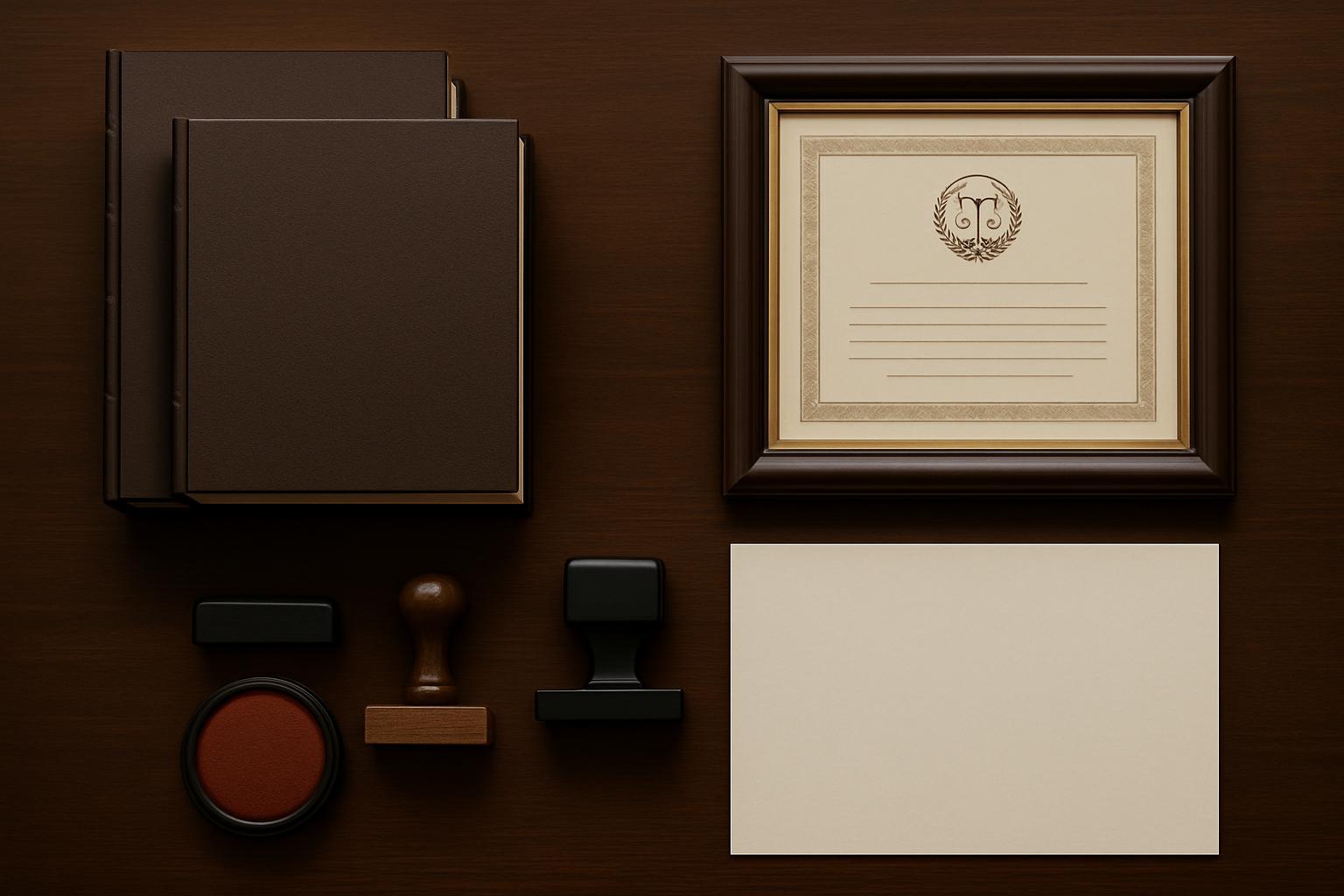 行政書士の専門書と公式認定書類が揃った専門家デスクのイメージ