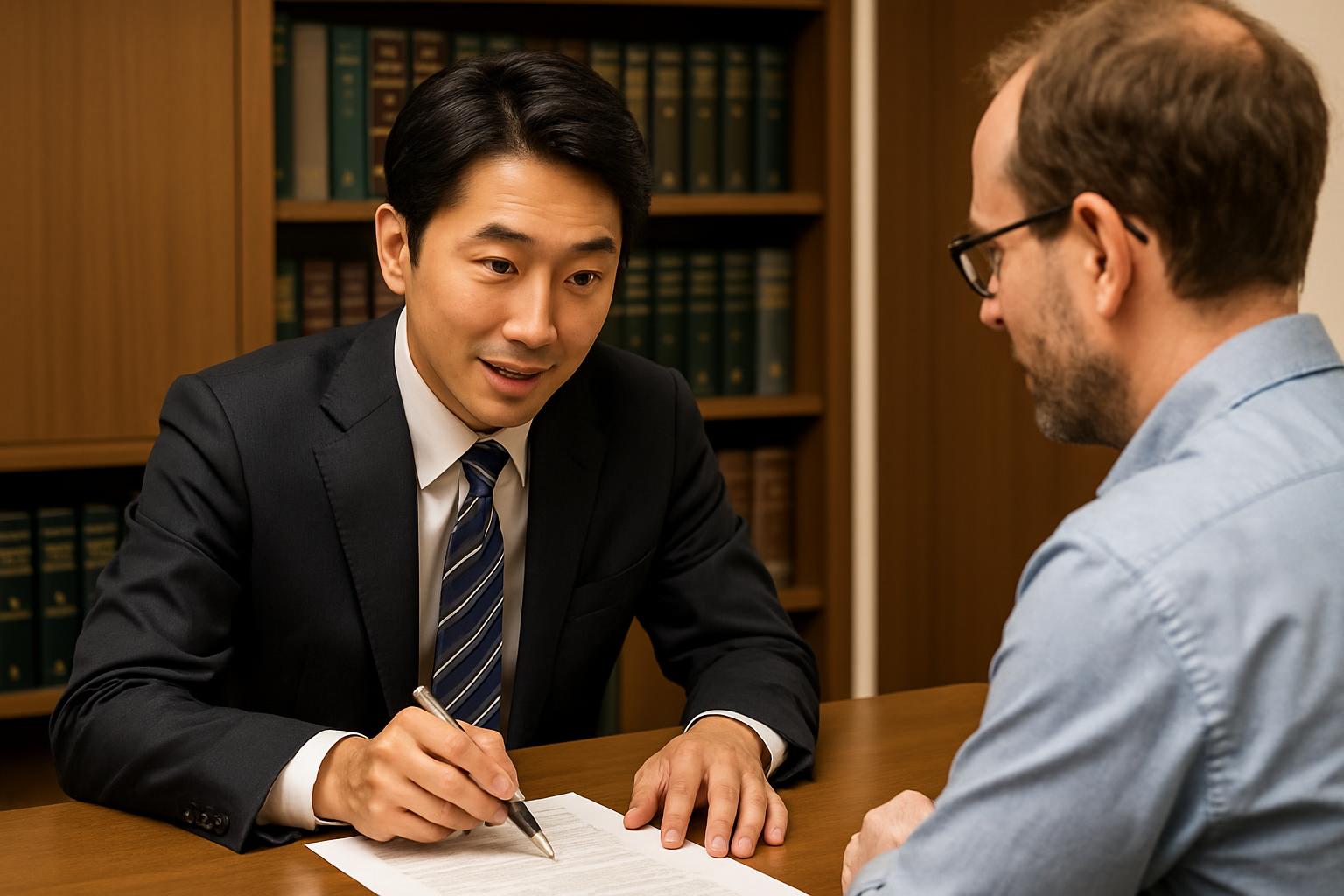 行政書士が外国人クライアントとオフィスで書類を確認しながら相談しているシーン