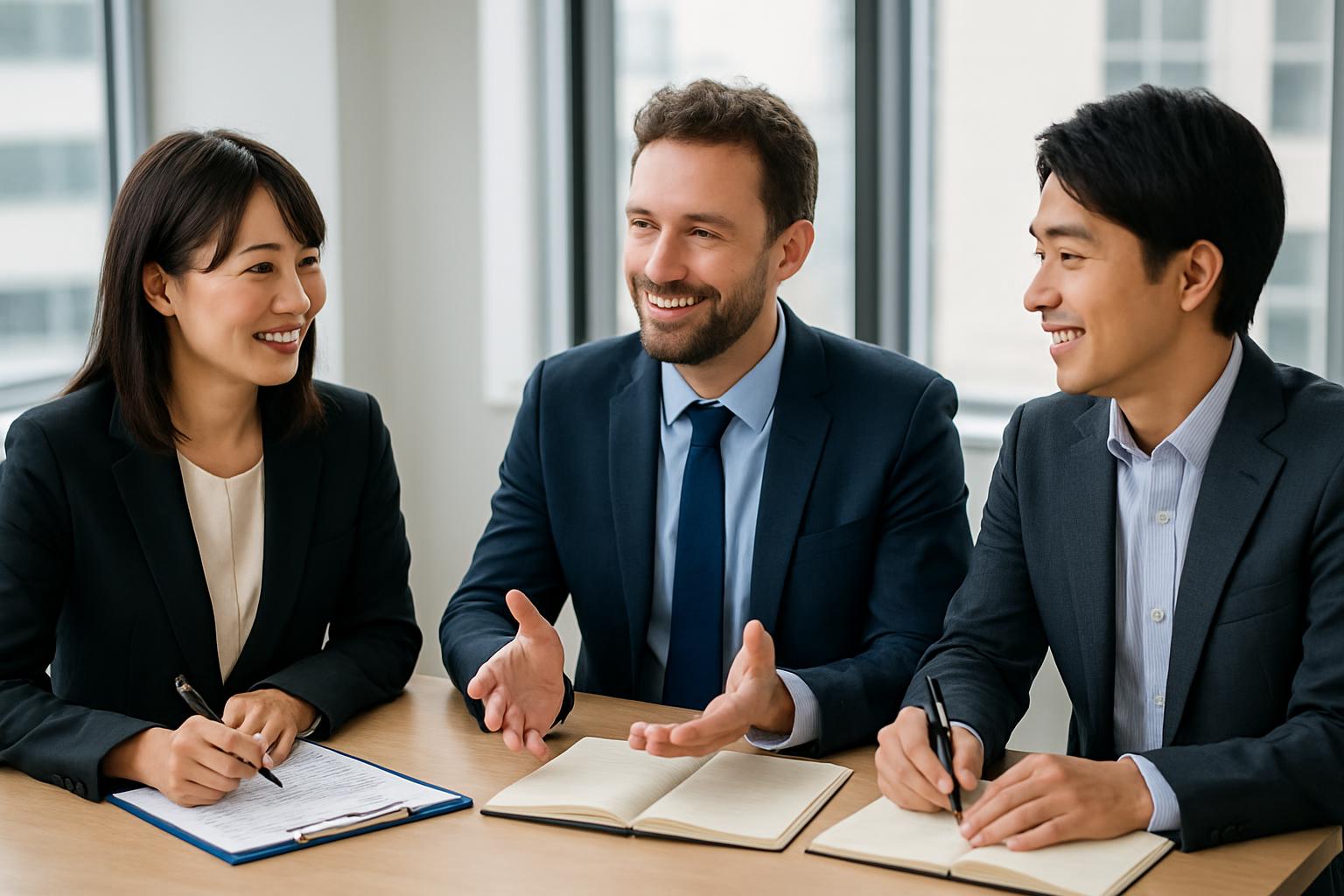 行政書士が外国人材と企業担当者に高度人材制度について説明している場面