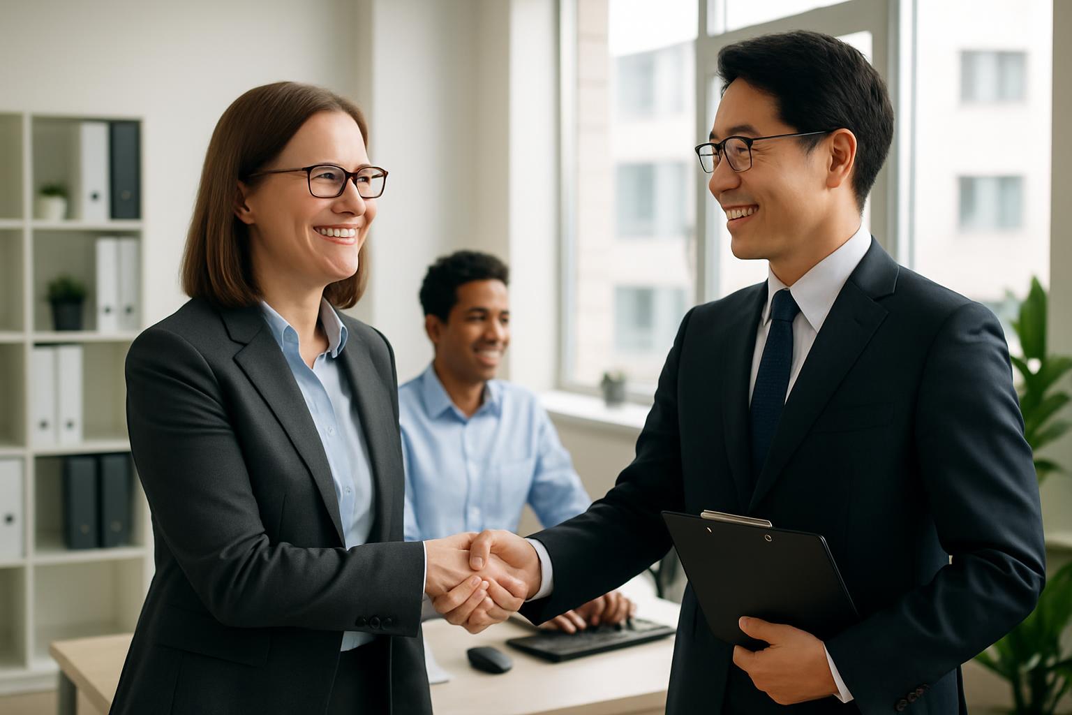行政書士のサポートにより外国人採用に成功した企業担当者と外国人社員が笑顔で握手している様子
