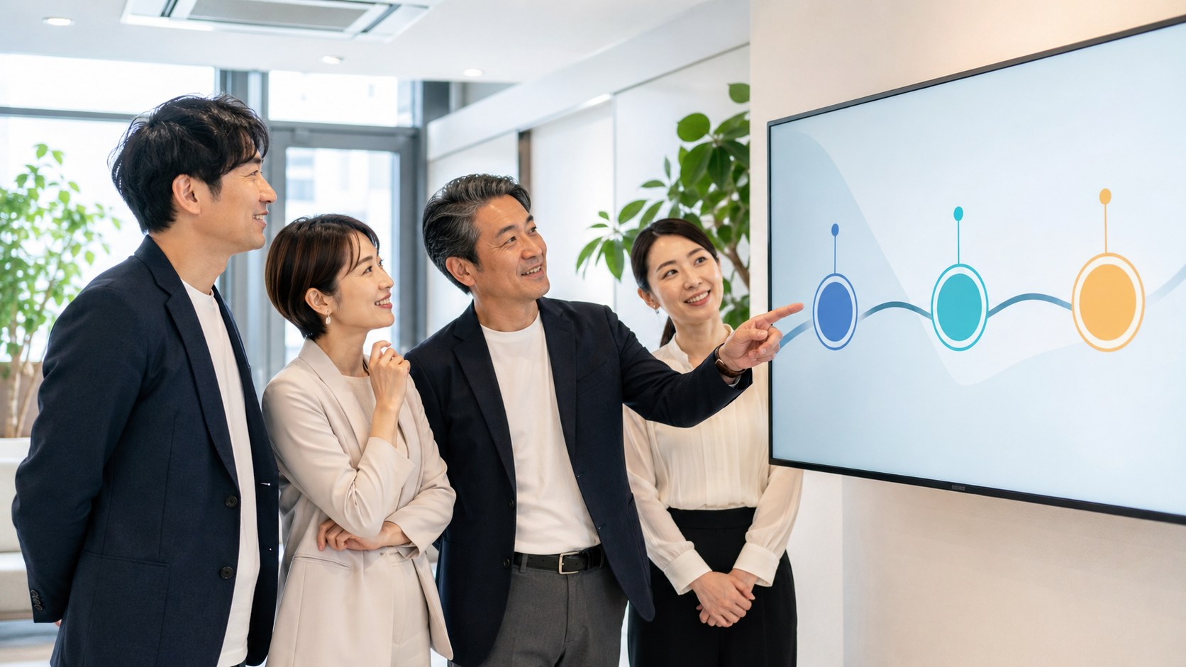 モニターに映るロードマップを前に達成感を共有する登録支援機関のチーム