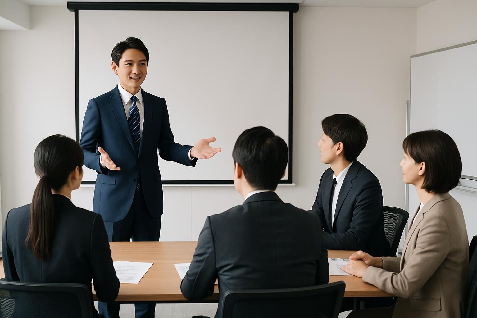行政書士が企業担当者グループに受入制度を説明しているセミナー風景