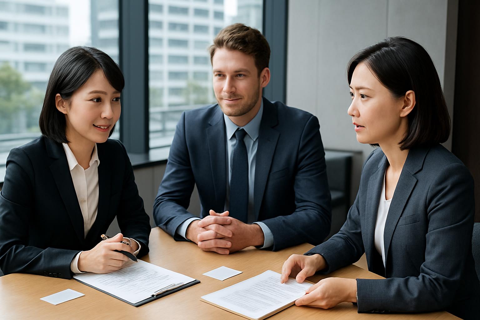 行政書士が企業の担当者に特定在留カードの対応方法を相談・解説している場面